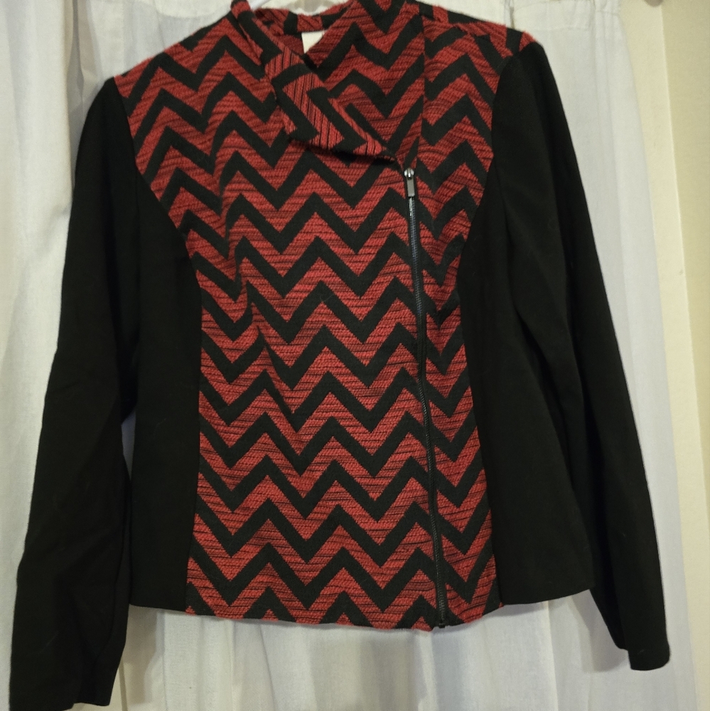 Chico's Red/Black Chevron Zip Jacket, Size 1 (M)